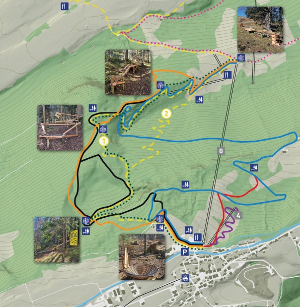 Le chemin court sur 4,3 km depuis le haut du télésiège, le long de 5 installations de bois.