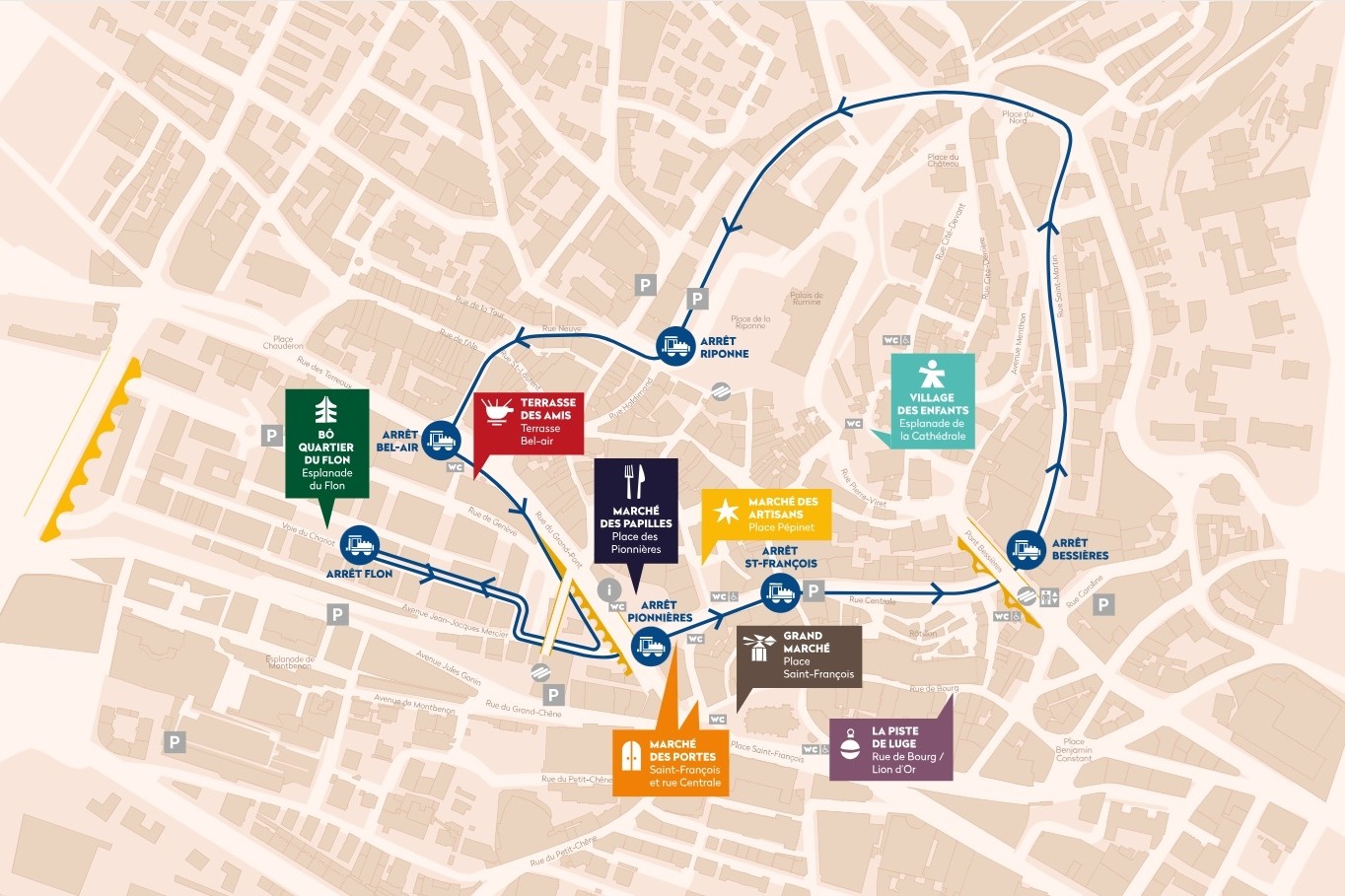 Plan du marché de Noël de Lausanne Bô Noël 2025